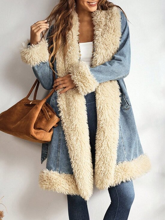 Jackets & Blazers - Blue Casual Women's Fuzzy Patchwork Denim Jacket